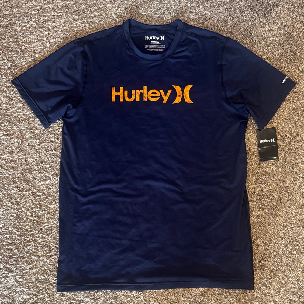 Hurley Navy Short-Sleeve Swim Or Tee with Orange Logo SPF 50